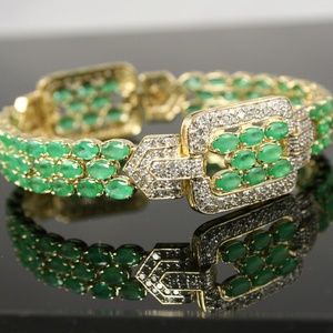 Exquisite Art Deco Style Emerald and Diamond Bracelet in 14K Yellow Gold